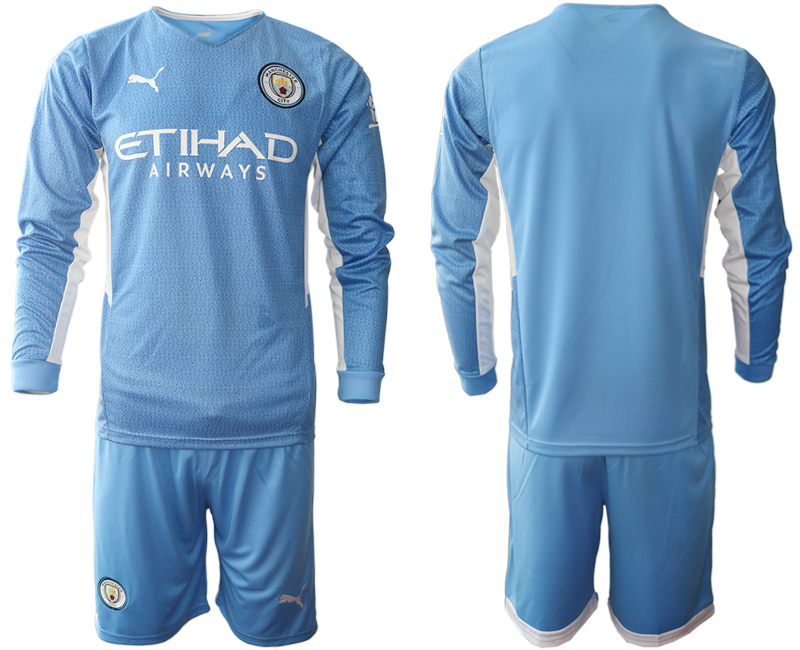 Men 2021-2022 Club Manchester city home Light blue Long Sleeve blank Soccer Jersey->manchester city jersey->Soccer Club Jersey